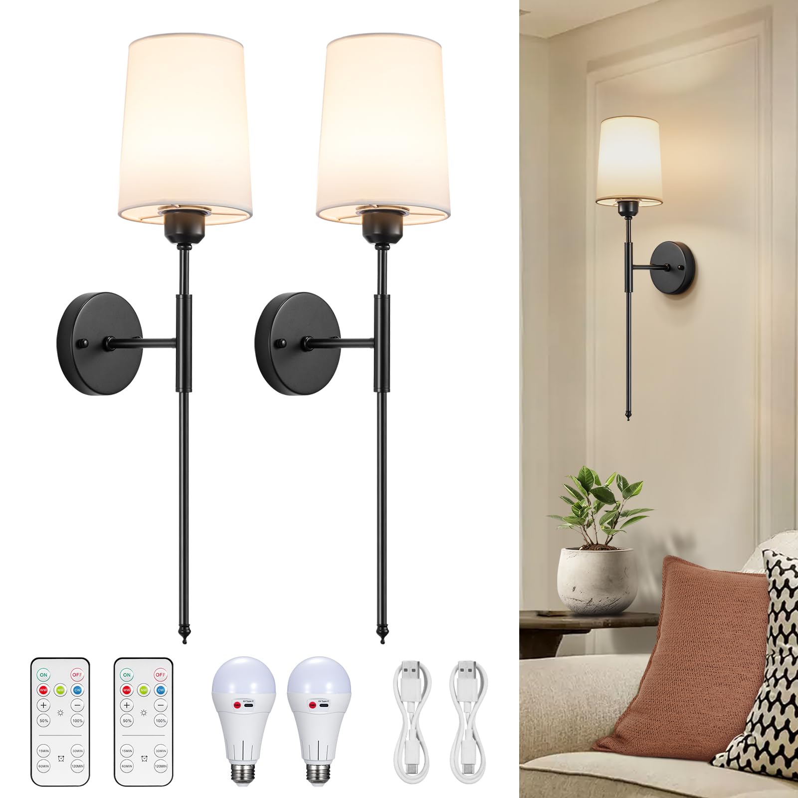 Photo 1 of ***MISSING LAMPSHADE***  NookNova Battery Operated Wall Sconce Set of 2, Battery Powered Wall Sconces Rechargeable Wall Lights with Remote Dimmable Wall Decor for Bedroom Living Room