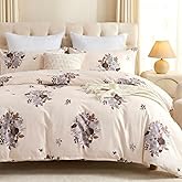 Cozaline Cream Floral Duvet Cover Queen Size - 100% Cotton Comforter Cover Elegant Flower Botanical Duvet Cover Sets 3-PC, Breathable Duvet Cover with Zipper Closure & Corner Ties