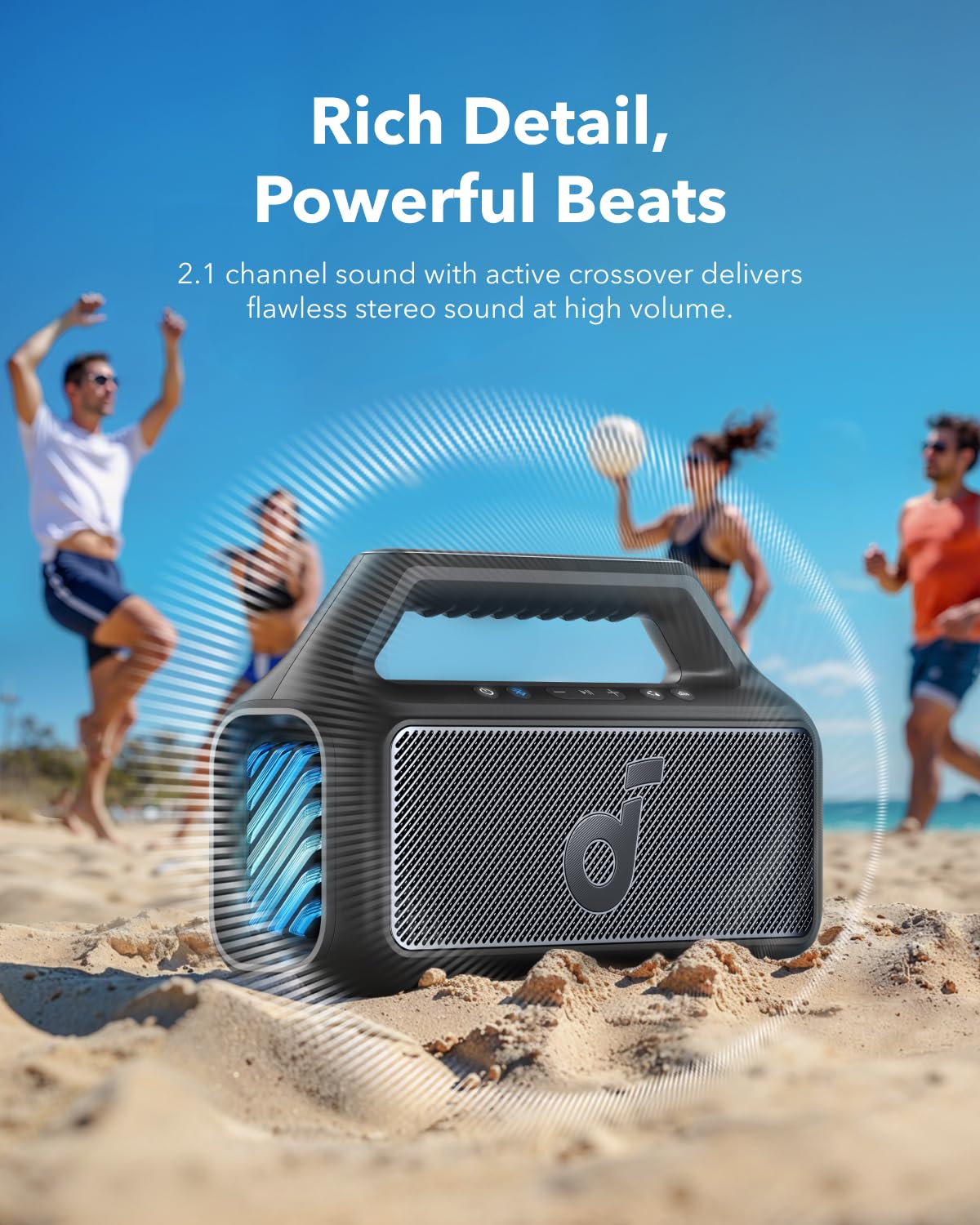 Soundcore Boom 2 by Anker, Outdoor Speaker, 80W, Subwoofer, BassUp 2.0, 24H Playtime, IPX7 Waterproof, Floatable, RGB Lights, USB-C, Custom EQ, Bluetooth 5.3, Portable for Camping and Beach - Black