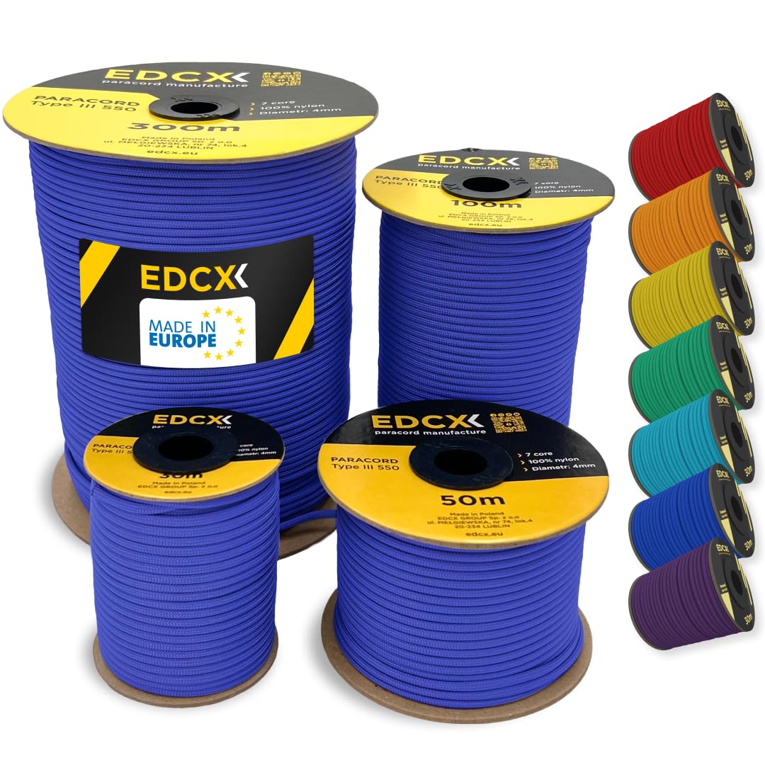 EDCX 4mm Nylon Paracord 550 50m (165 feet) | Ideal for Camping, Survival, Outdoor, Crafting, DIY | 100% Nylon Rope 4mm | Paracord 550 Type III in Solid Color (Royal Blue, 50 m)