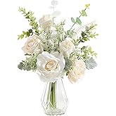 GAATEEK Artificial Flowers with Vase,White Silk Roses and Fake Plant Eucalyptus in Vase,Faux Flower Arrangement with Vase Suitable for Home Office Decoration, Living Room and Dining Table Centerpiece