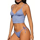 WDIRARA Women's Striped Tankini Swimsuit Tie Side High Cut 2 Piece Bathing Suit Cheeky Swimwear