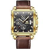 OLEVS Men's Chronograph Leather Watch, Big Face Easy to Read Analog Quartz Dress Watch, Casual Waterproof Luminous Hands Date Watches for Men, White/Blue/Black/Gold Dial