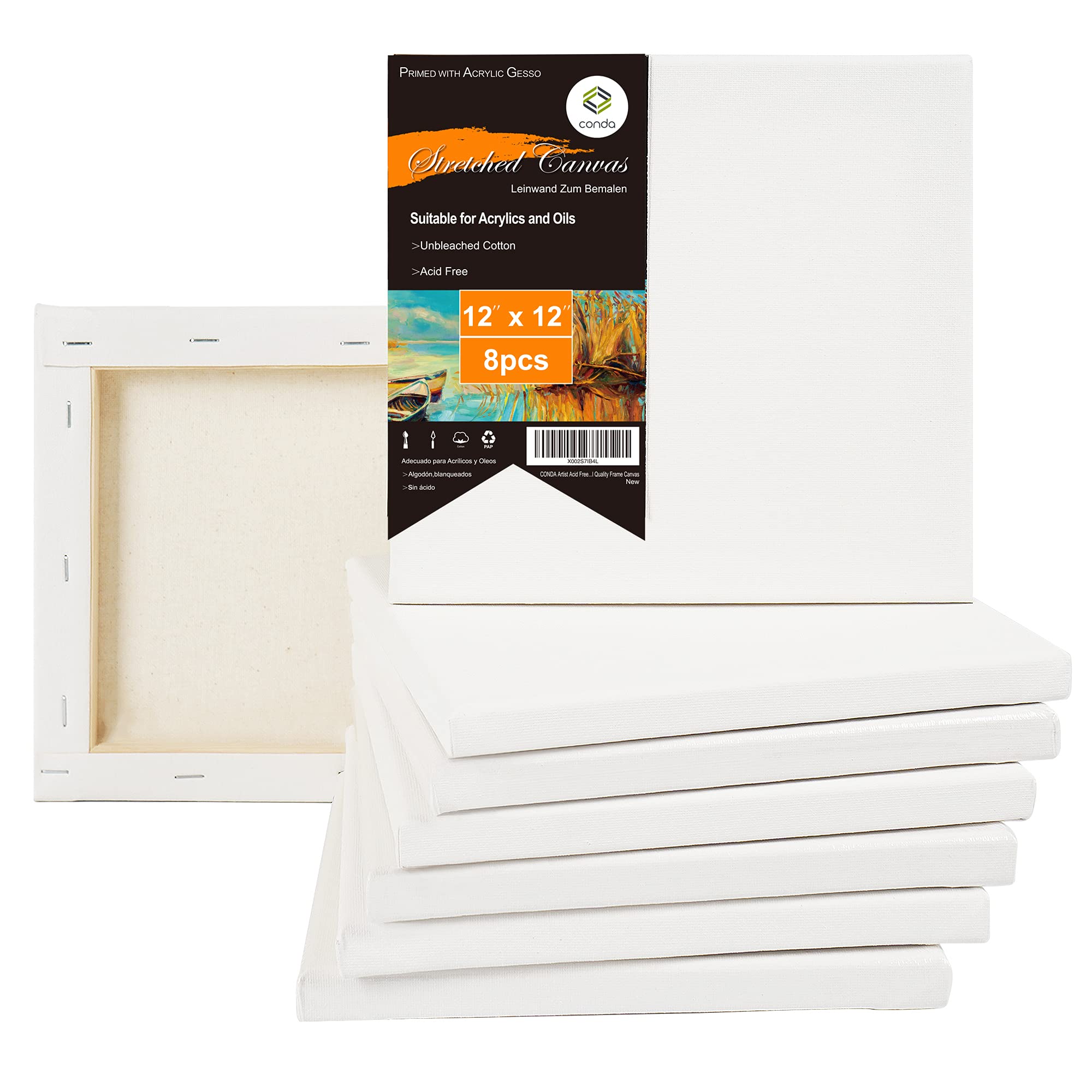Conda 30.5*30.5CM Premium Stretched Square Canvas for Painting, 8 Pack, Primed 100% Cotton Artist Framed Canvas for Painting, Acrylic Pouring, Oil Paint, Canvases for Artist, Hobby Painters & Beginne