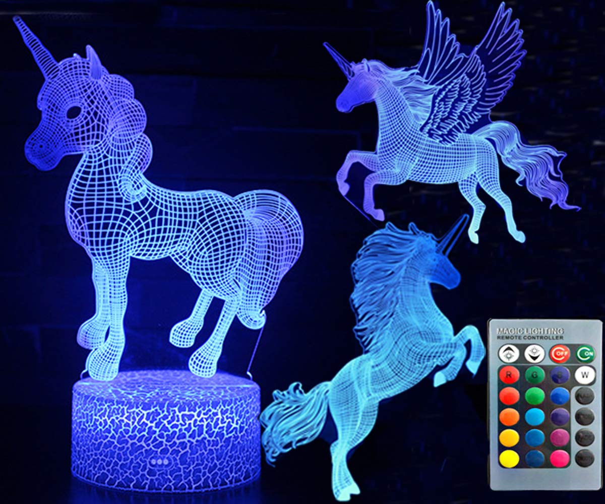 ZYTC 3D Unicorn Night Light Three Pattern and 7 Colors Change Decor Lamp with Remote Control Optical Illusion As a Gift Ideas for Boys and Girls
