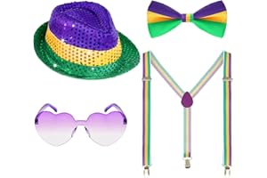 4 PCS Mardi Gras Men Cosplay Accessories, Costume Outfit Hat Sequin Bow Tie Sunglasses Set for Adults Carnival