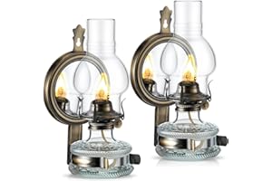 Yexiya 2 Pcs Large Kerosene Lamp Lantern Chamber Oil Wall Mounted Vintage Glass Clear Kerosene Lamp Rustic with Oil Wick for Rustic Indoor Home Decor Lighting(Aeneous)