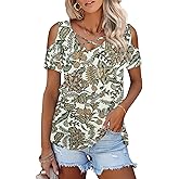 Amoretu Women's Criss Cross V Neck Tshirts Cold Shoulder Sexy Tunic Printed Tops(Brown Printed,L
