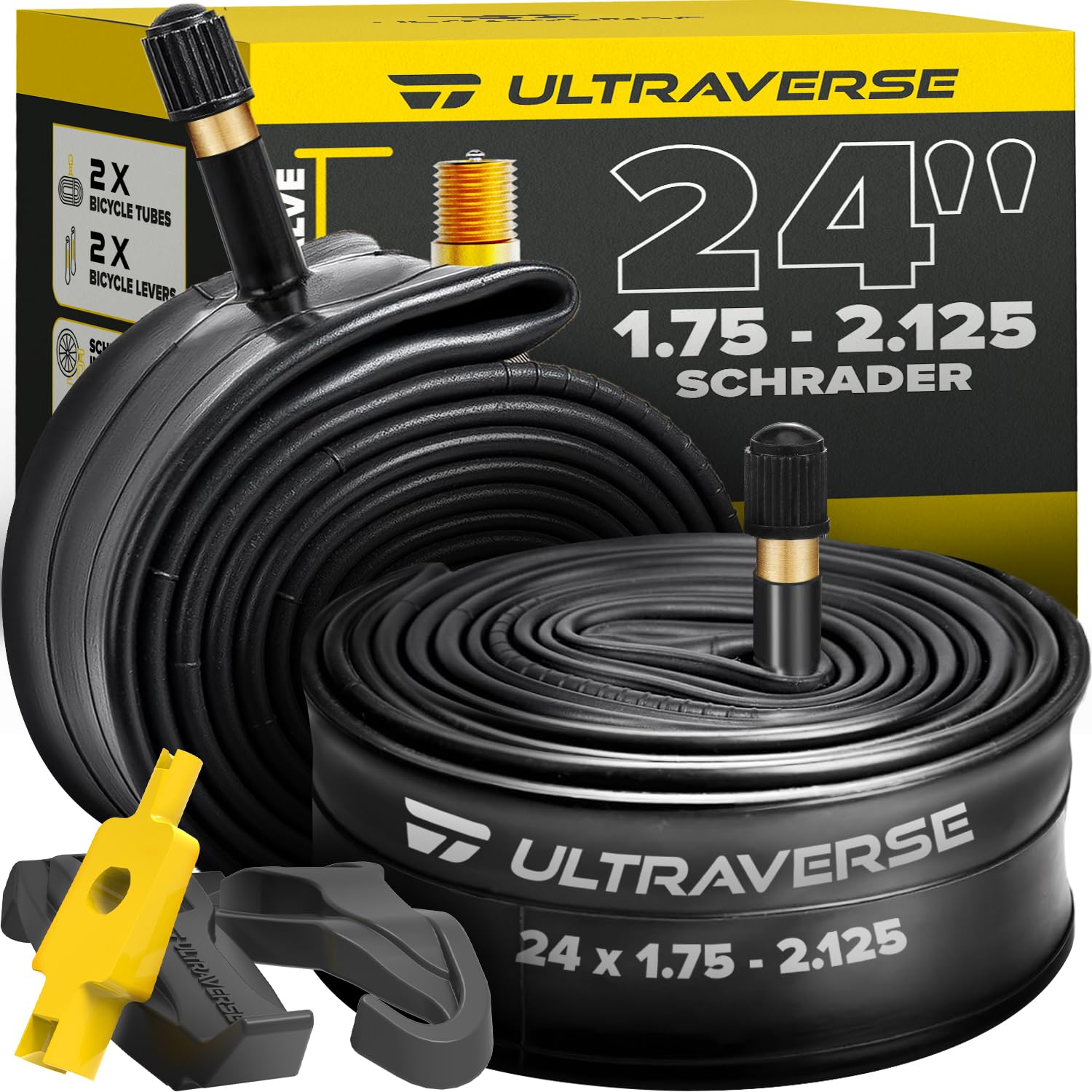 Photo 1 of Ultraverse Bike Inner Tube for 24 X 1.75/1.95/2.10/2.125 inch Bicycle Tire Sizes with Schrader Valve - Rubber Tubes for Kids Mountain, Cruisers, Woman City Bikes – Set of 2