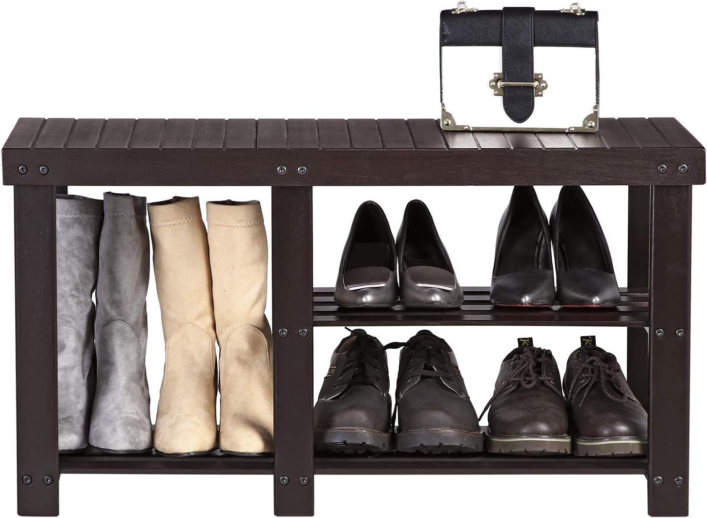 SONGMICS Bamboo Shoe Rack Bench for Boots, Entryway Storage Organizer, 3 Tiers Shoe Shelf, Multi Function for Hallway Bathroom Living Room Corridor and Garden, Brown: Kitchen & Dining