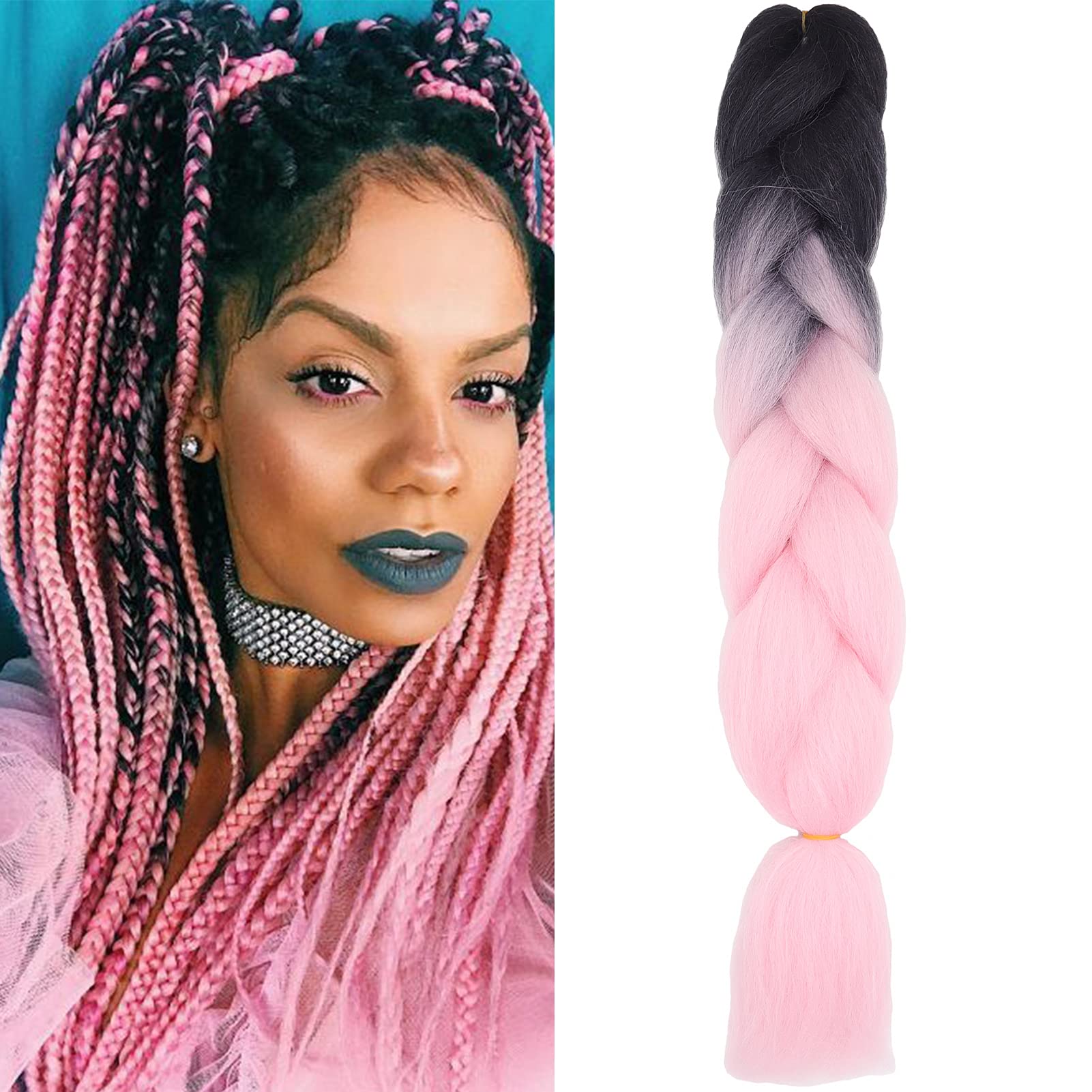 24" Braiding Hair Extension Jumbo Braids Synthetic Crochet Hair Afro Box Braid Heat Resistent (Black&Pink)