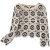 Women Y2K Crochet Crop Top Retro See Through Hollow Out Floral Sweater Pullover Long Sleeve Crewneck Knit Shirt