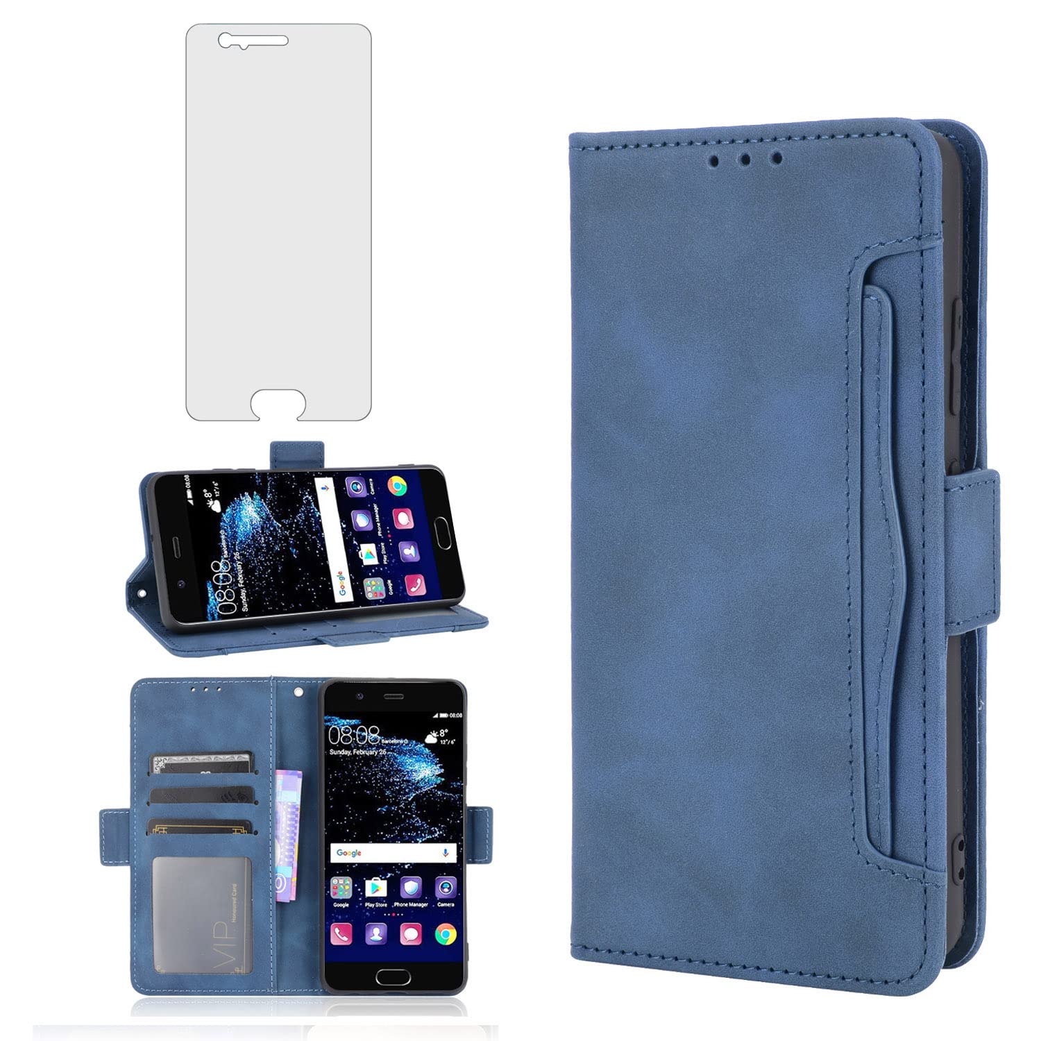 Asuwish Compatible with Huawei P10 Wallet Case Tempered Glass Screen Protector and Leather Flip Cover Card Holder Stand Cell Accessories Phone Cases for Hawaii P 10 10P VTR-L09 Women Men Blue