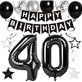 Yatufom 40th Birthday Decorations for Men Women, Black Silver 40th Birthday Banner Balloons Swirls Party Supplies,40 Year Old Birthday Party Decorations