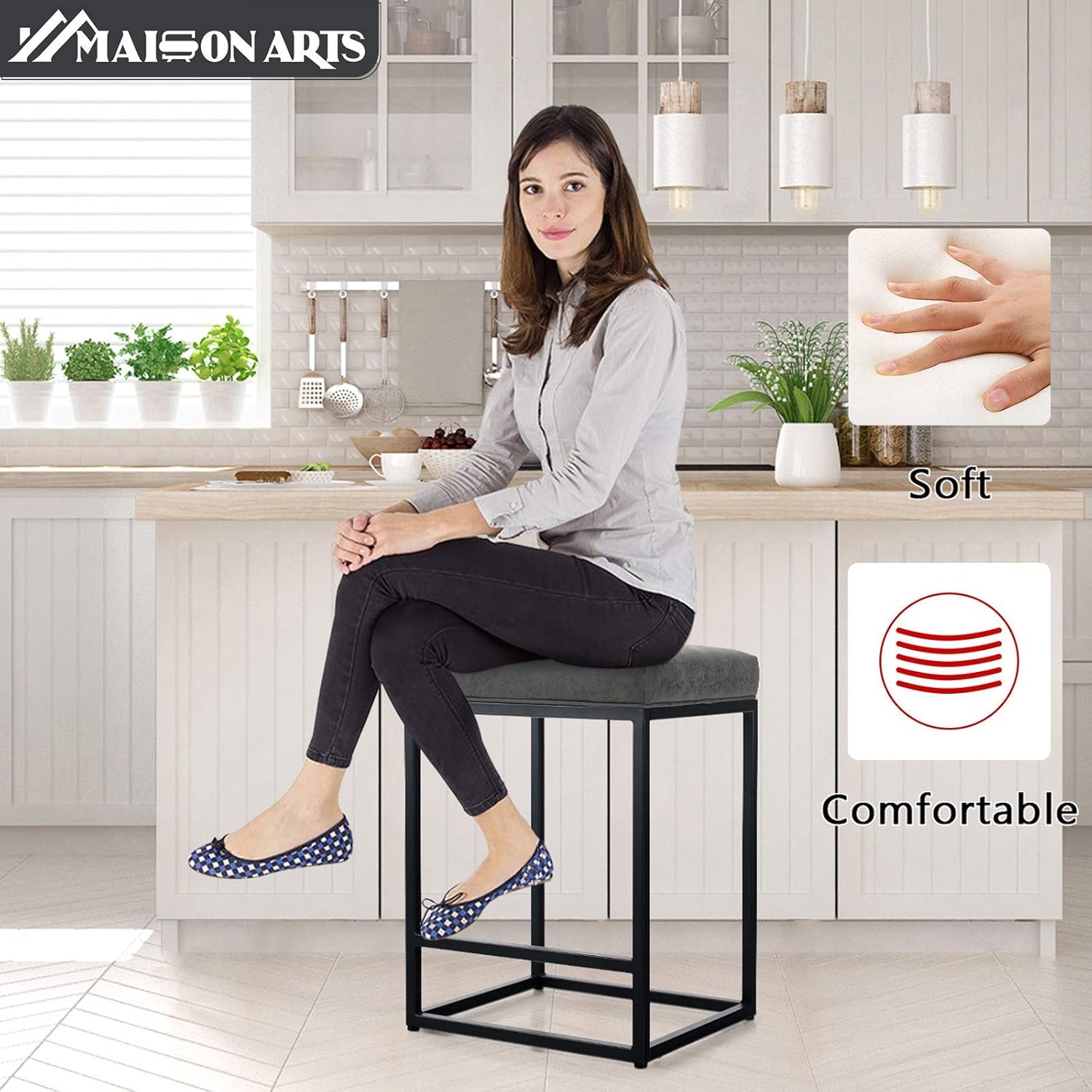 MAISON ARTS Counter Height 24" Bar Stools Set of 2 for Kitchen Counter Backless Industrial Stool Modern Upholstered Barstool Countertop Saddle Chair Island Stool,330 LBS Bear Capacity,(24 Inch, Grey): Kitchen & Dining