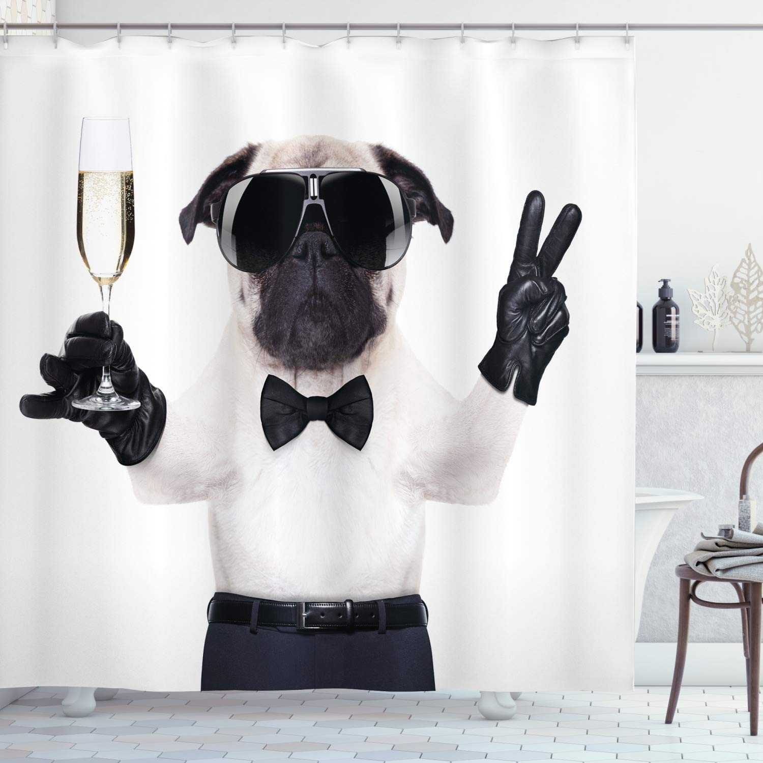 ABAKUHAUS Pug Shower Curtain, Pug with Champagne Glass and Peace Sign Cool Looking Dog Celebration Animal, Cloth Fabric Bathroom Decor Set with Hooks, 70 Inches, Black White Cream — image 1