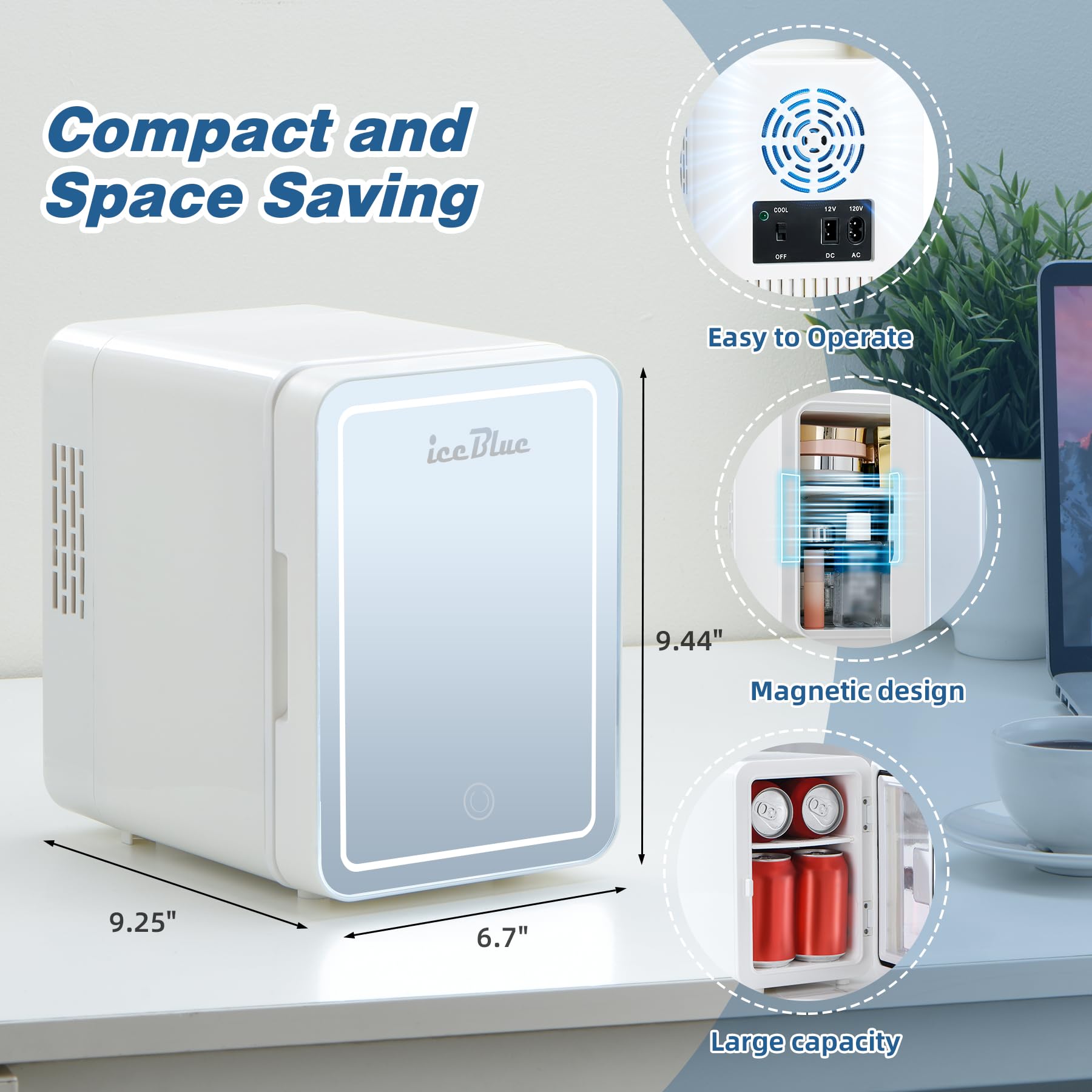 Iceblue Skincare Fridge With Dimmable LED Light Mirror, Mini Beauty Refrigerator, Thermoelectric Cooling Function for Cosmetics and Skincare, AC & DC, 4L- White - Image 4