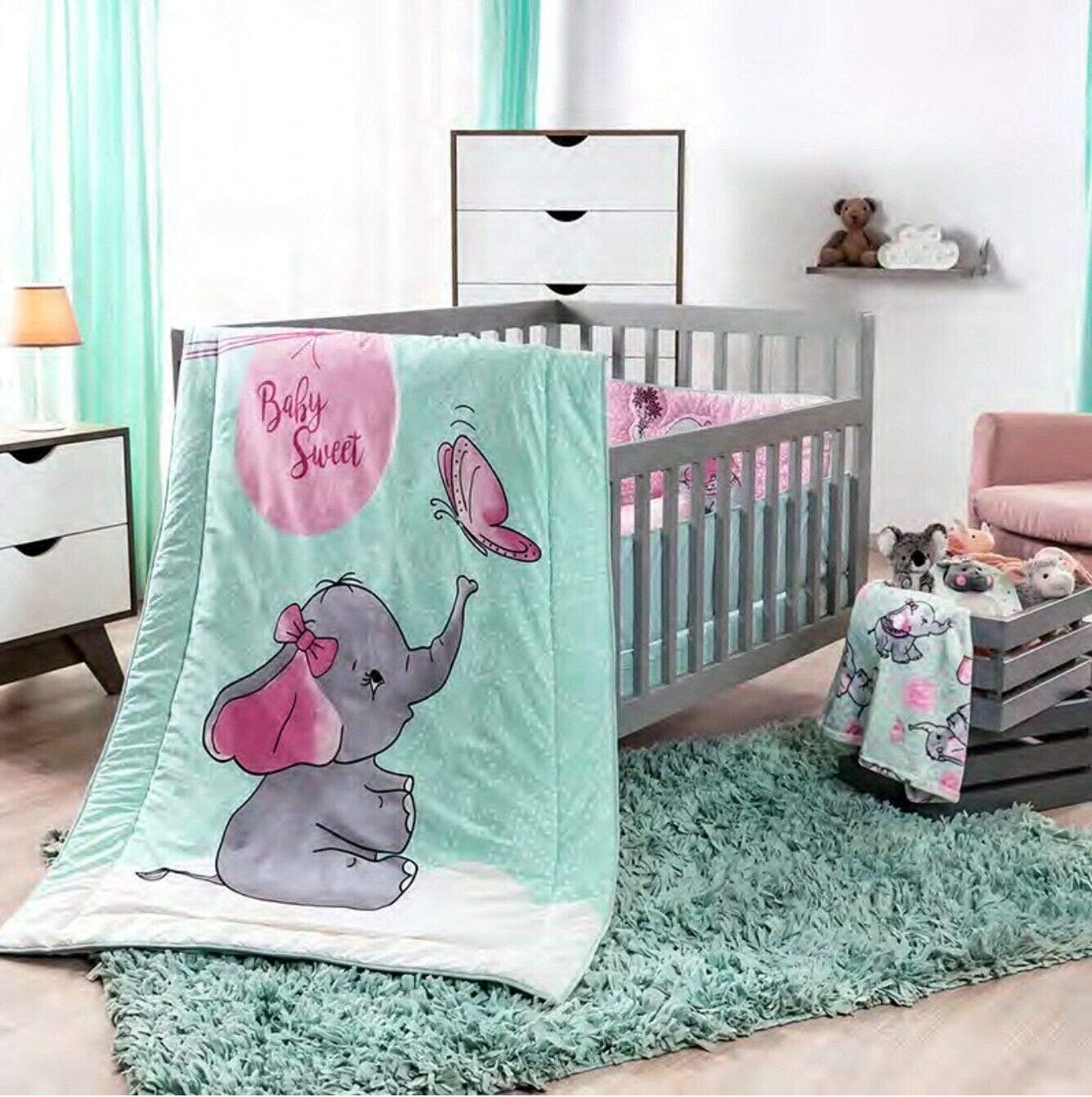 DreamPartyWorld Little Elephant Crib Set Baby Gift Shower Bedding Dumbo Nursery Pink Blue Polka 100% Cotton