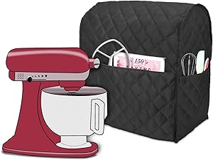 Luxja Dust Cover Compatible with 4.5-Quart and 5-Quart Stand Mixer, Cloth Cover with Pockets for Stand Mixer and Extra Accessories, Black (Quilted Fabric)