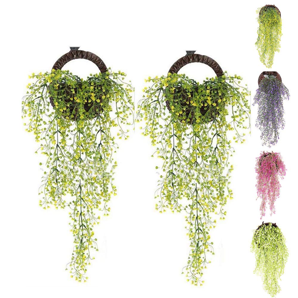 Eyands 2pcs Artificial Hanging Vine Plants - Outdoor Indoor Fake Hanging Plants for Wall Hang Garland Porch Patio Arch Balcony Basket Garden Party Wedding (Yellow Artificial Ivy)