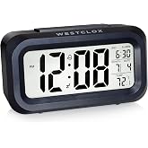 Westclox Digital LCD Alarm Clock with Large 1.4" Display, White Backlight on Demand, Month/Date and Temperature Display, Ascending 5-Minute Snooze Alarm &ndash; Bedroom or Office (Black)