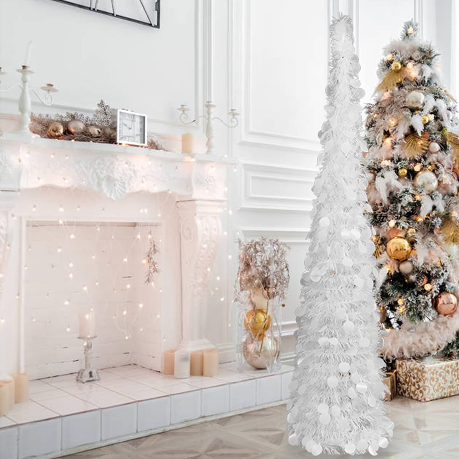 Aqlithle 5ft Pop Up White Tinsel Artificial Christmas Tree, Cost Effective, Space Saving, Easy to Set Up and Store, Perfect for Holiday Decor