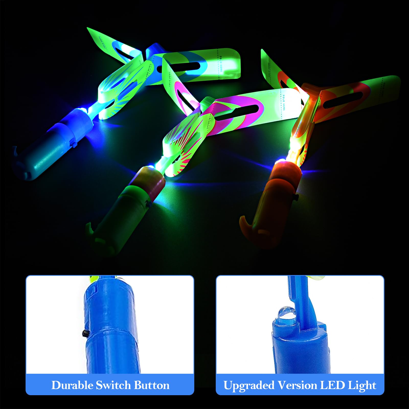 Rocket Slingshot Flying Toys with LED Lights - 12 Pcs Kids Outdoor Game with 12 Launchers + 12 Arrow Helicopters, Glow in The Dark Party Supplies