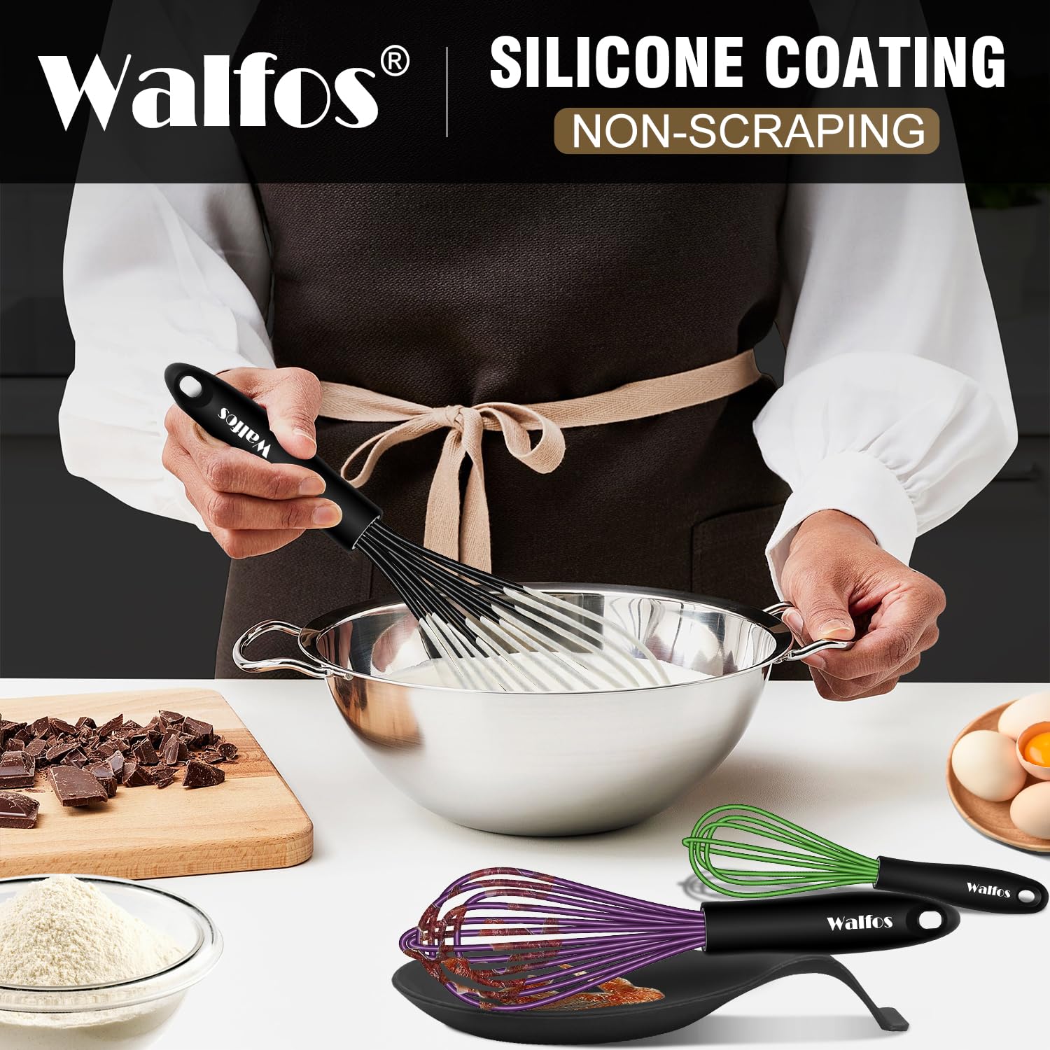 Walfos Silicone Whisk With 8in Rest,Whisks for Cooking Non Scratch,7.5+9+11in Whisk for Nonstick Cookware,Dishwasher Safe,Rest for Kitchen Counter Wisk Perfect for Blending, Baking, Beating, Set of 4