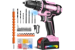 OUBA Cordless Drill Set, 12.8V Lithium Lon Power Drill Cordless with Battery and Charger, 2 Variable Speeds, 3/8" Keyless Chuck, 25+3 Torque Setting, Built-In LED, Electric Drills for Home (Pink)