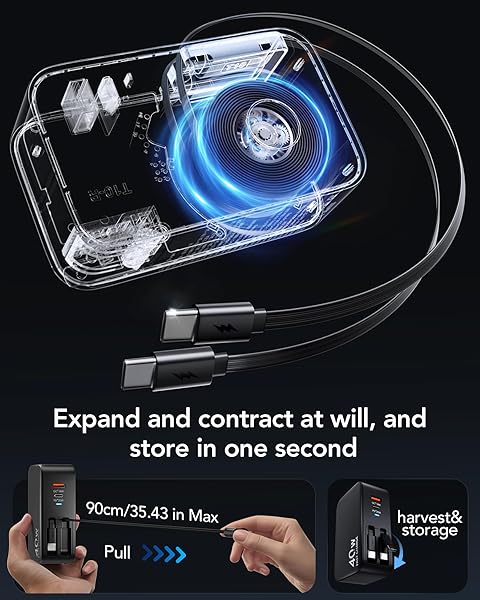 RETRACTABLE USB C CHARGER WALL PLUG WITH 35.5IN/90CM TYPE C CABLES CORDS,40W FAST CHARGING FOLDABLE BLOCK MULTI CHARGER FOR ALL DEVICES FOR IPHONE 17/16/15/14/13/12,IPAD,GALAXY,PIXEL