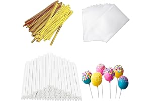 Oslynia 300 Pcs Cake Pop Sticks Kit, 100 Pcs 6 Inch Paper Lollipop Cotton Candy Sticks, 100 Pcs Clear Candy Bags, 100 Pcs Gol