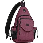 MOSISO Sling Backpack,Canvas Crossbody Hiking Daypack Bag with Anti-theft Pocket, Wine Red