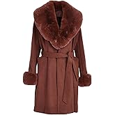 Pallivare Womens Fur Trench Coat Elegant Jacket Warm Long Fall Winter Overcoat With Fur Collar & Belt