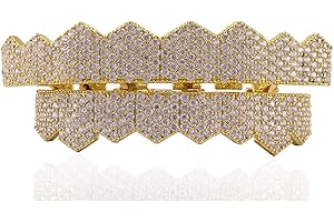 AINTTBY Grillz street Hip Hop personality Gold Shiny Copper gold-plated teeth Grillz Vampire fangs Grills Daily wear Halloween and Party Unisex - Comes With Tweezer & Dental Wax (8009Gold)