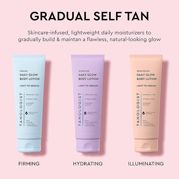 TANOLOGIST FIRMING DAILY GLOW BODY LOTION- MEDIUM/DARK, FAST-DEVELOPING, TRANSFER-PROOF GRADUAL SELF TANNER, SUMMER SCENT, NATURAL NOT ORANGE, LASTS 7 DAYS, VEGAN FORMULA, 8.45 FL OZ