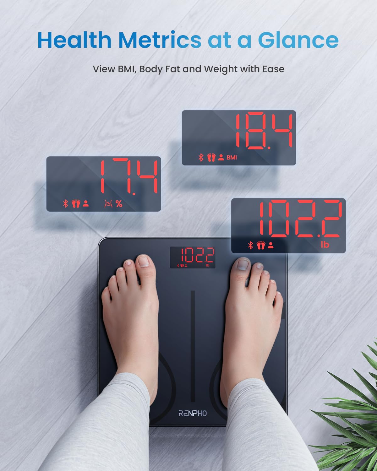 RENPHO Personenwaage Körperfettwaage, Waage Personen mit App 180 kg/400 lbs, Körperwaage Digital Bluetooth Körperanalysewaage für Körperfett, BMI, Muskelmasse, Protein, BMR, Schwarz,Elis 1 2