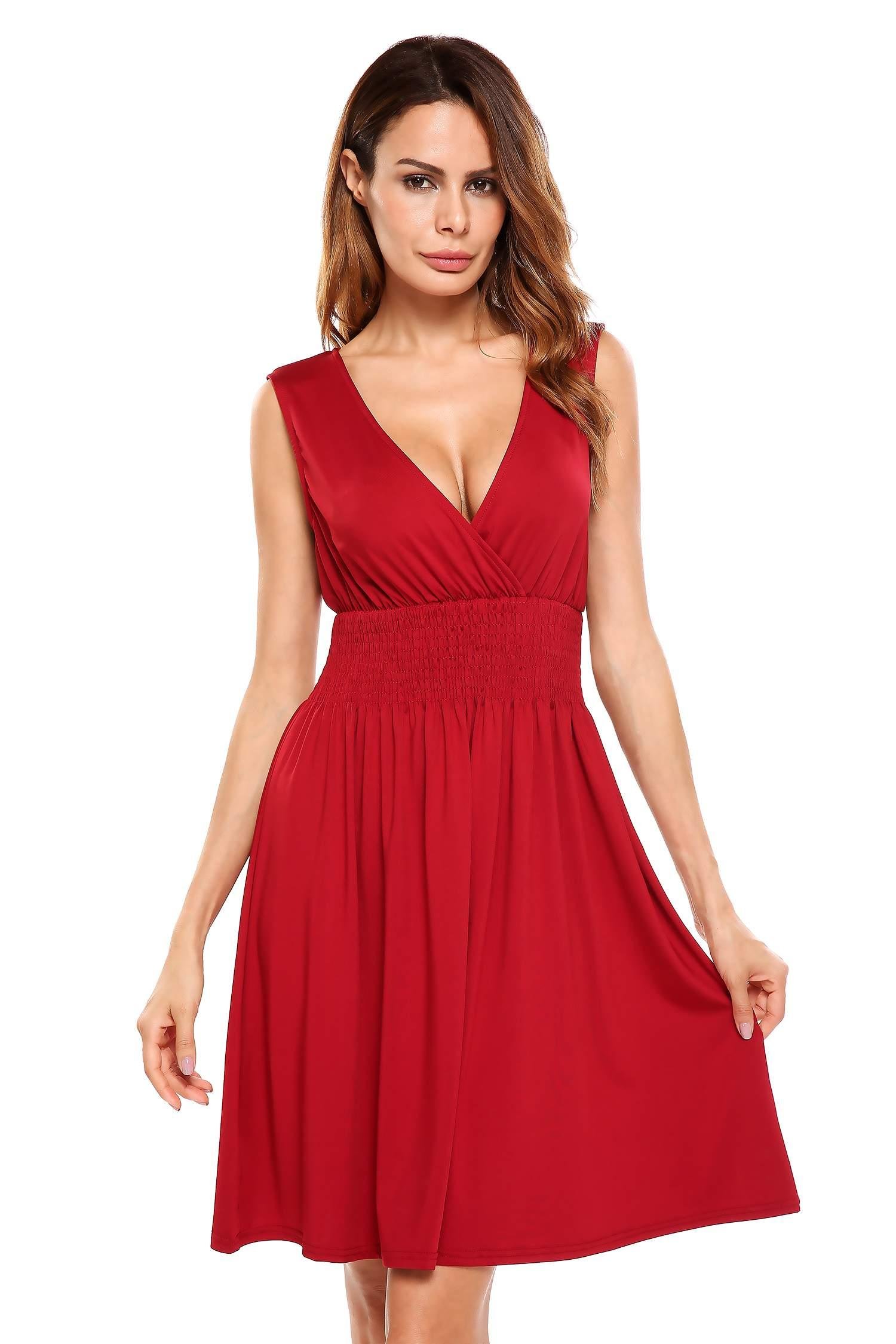 Zeagoo Women\'s Sleevesless Fit and flare Smocked Waist Cocktail Summer Dress