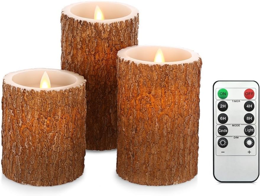 PrettyGal [US Stock] Flameless Candles,Real Wax Battery Operated LED Candles Flickering Flameless Candles 4" 5" 6" Set of 3 Bark Simulation Pillar LED Candle with Remote and Cycling 24 Hours Timer