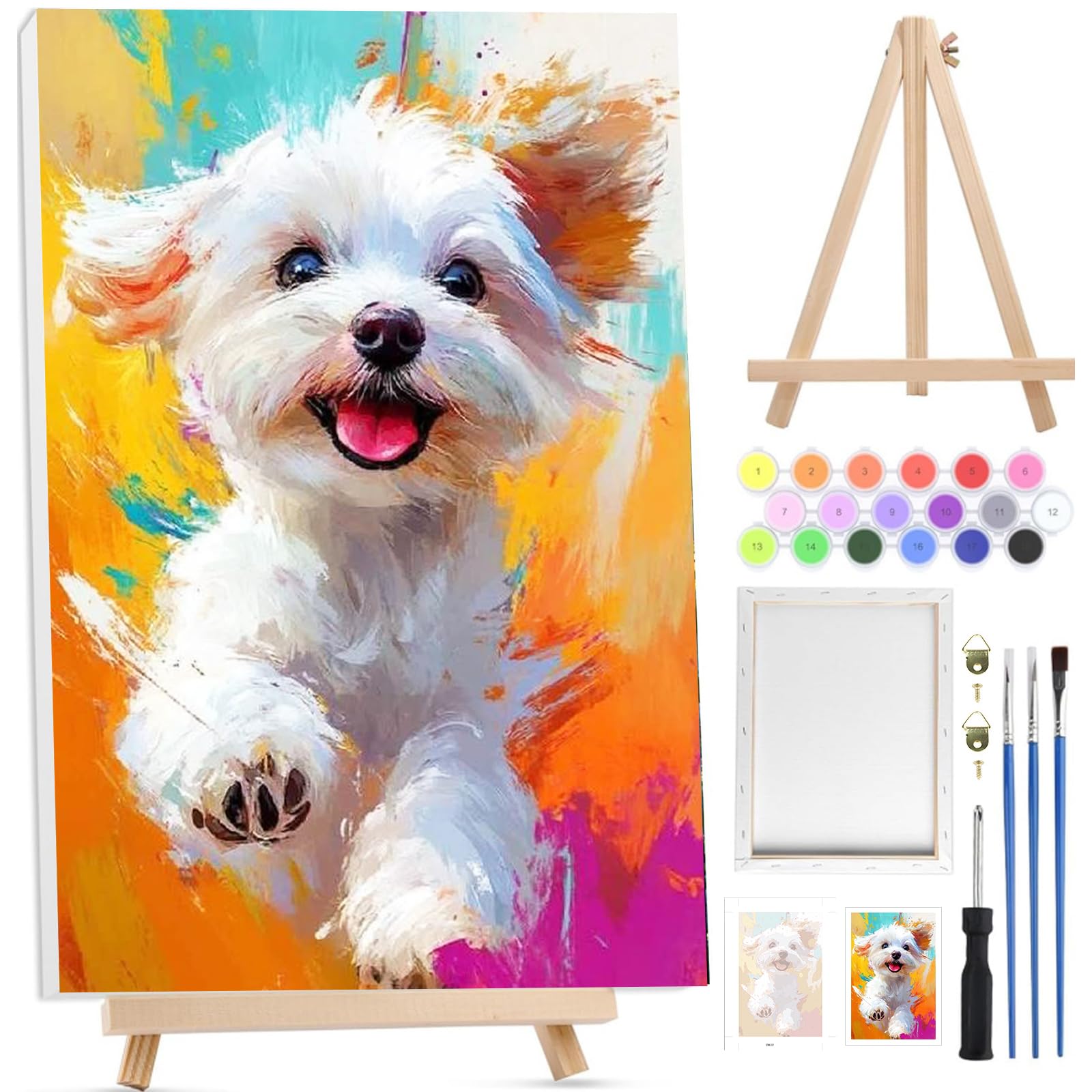 BOWETILE Dog Paint by Numbers for Adults with Framed Canvas&Wooden Easel, Animals Painting by Numbers Kit for Adults Beginners Canvas Kit, DIY Color Oil Painting Acrylic Paints Home Wall Decor 20x30cm — image 1
