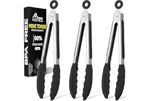 Hotec Mini Silicone Kitchen Tongs for Cooking - 7-Inch Small Serving Tongs with Silicone Tips, Set of 3 (Black)