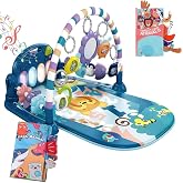 dearlomum Blue Tiger Baby Play Mat Gym with Piano &amp; 2 Baby Book Toys | Tummy Time Activity Mat with 5 Infant Sensory Toys, Music and Lights, Boy &amp; Girl Gifts for Newborns 0 to 3 6 9 12 Months