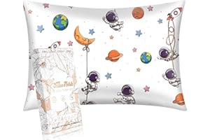 Miss Adola 1 Pack Kids Pillowcase - Queen Size 30 x 20 Inches 19 Momme Mulberry Silk Zipper Pillow Case for Hair and Skin Cute Cartoon Kawaii White Astronaut Silk Pillowcase for Teens Girls Boys