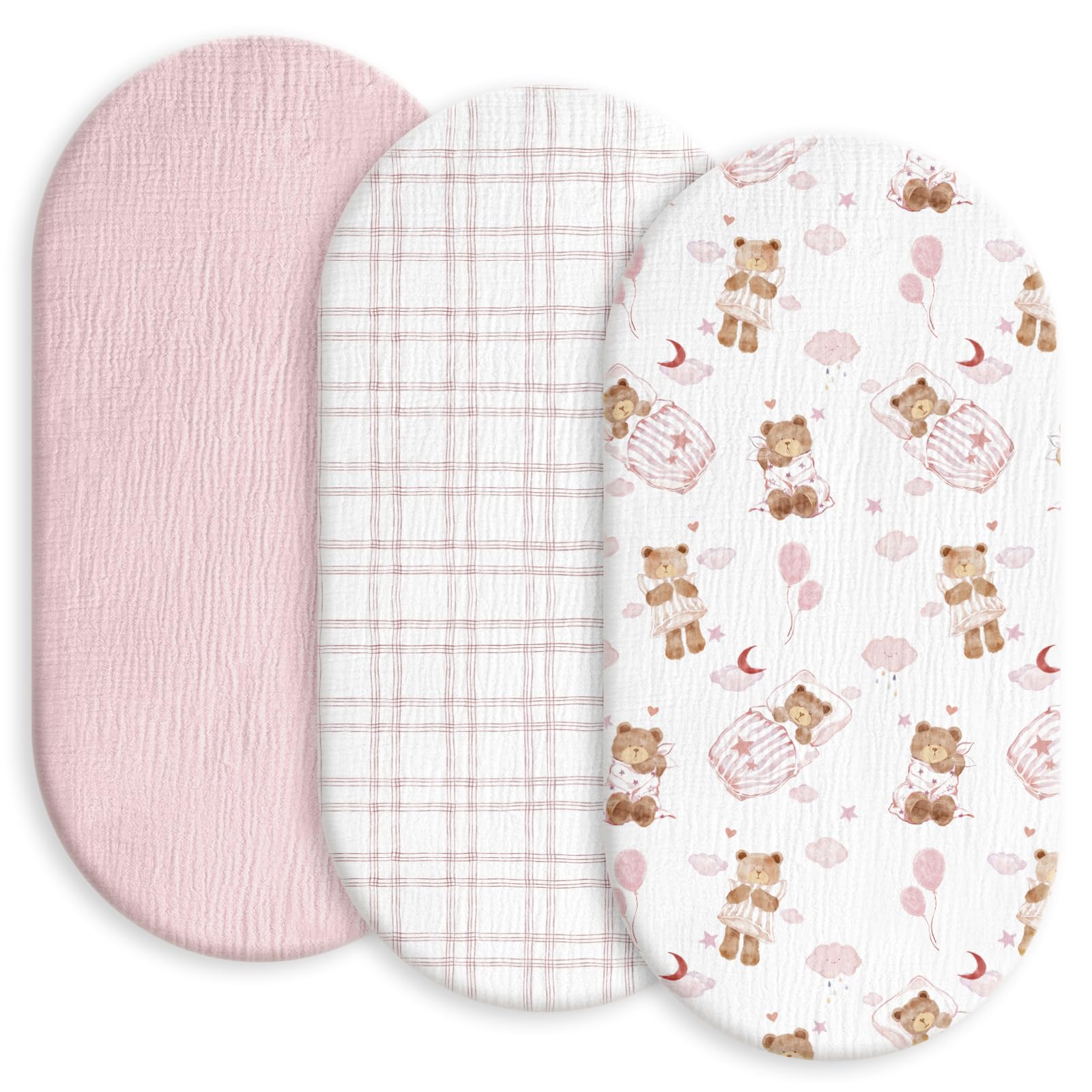 Photo 1 of Gllquen Baby Muslin Bassinet Sheets 3 Pack, Breathable Elastic Cozy Fitted Cotton Bassinet Mattress Sheet for Baby Boy Girls, Fit for Hourglass Oval Rectangular Cradle Pad Sheets 33"x17" (Bear Dream)