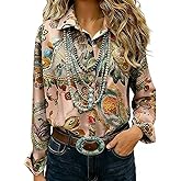 CHERRYBETTY Women Retro Paisley Top Floral Print Button-Down Shirt Long Sleeve Vintage Casual Blouse
