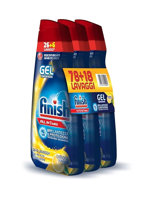 title=Finish All in 1 Max Powergel Detersivo Lavastoviglie, Limone, 650 ml x 3
