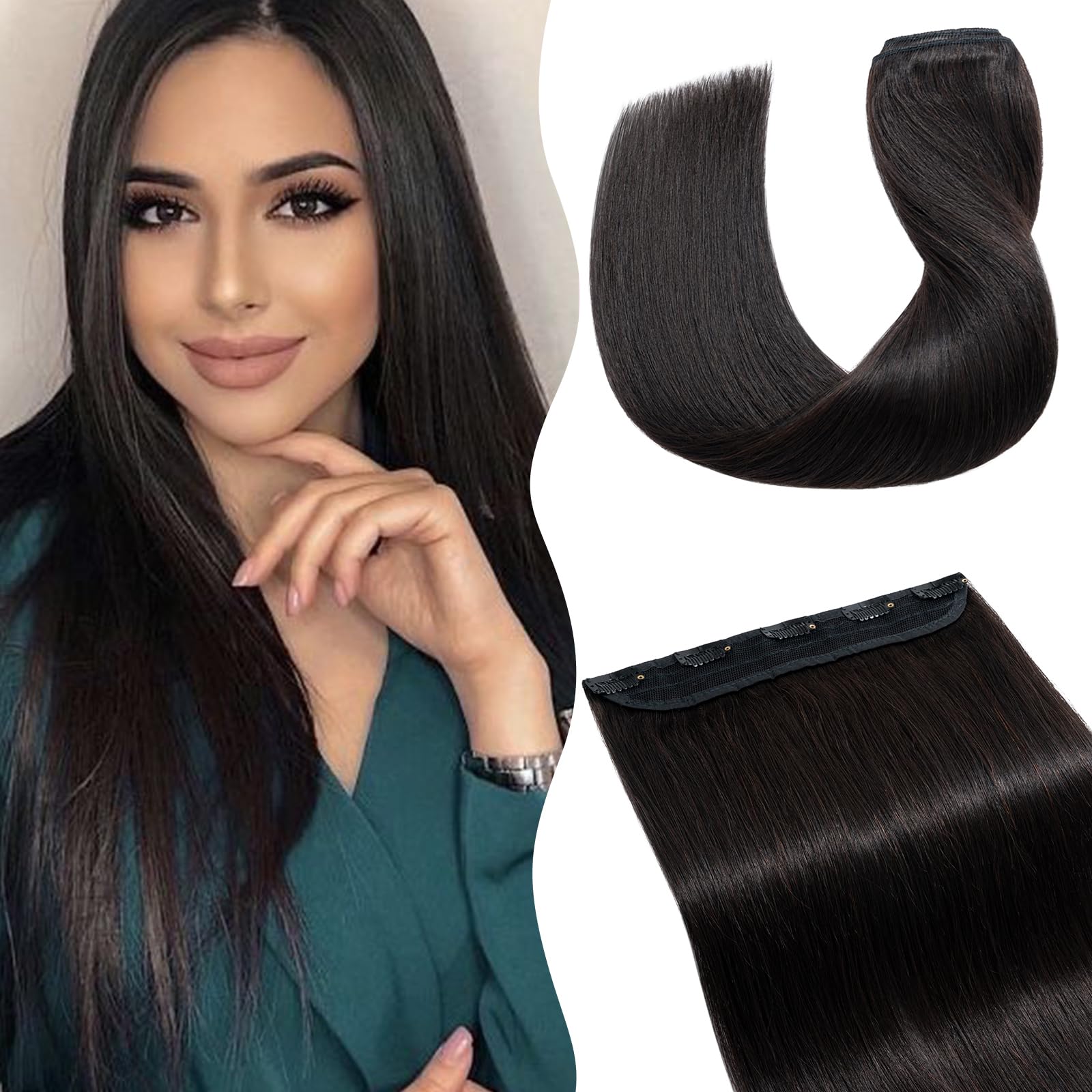 TESS Clip In Hair Extension,Hair Extensions Real Human Hair One Peice 5 Clips Straight Natural Hairpieces for Womens/Girls(#1B Natural Black,18Inch)