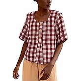 PUWEI Women's Button Down Shirts Summer Casual Plaid Shirt Square Neck Short Sleeve Cotton Blouse Tops