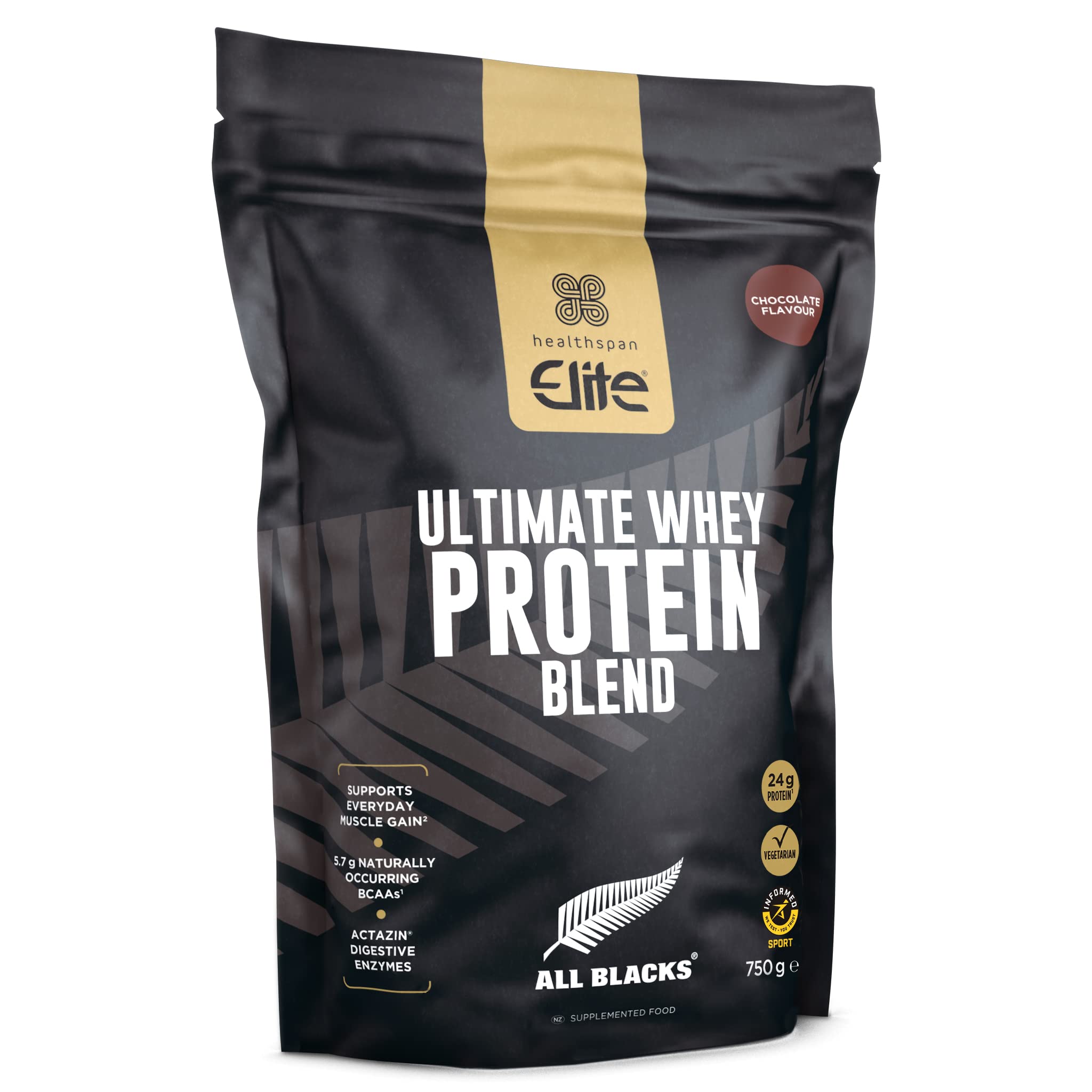 Healthspan Elite All Blacks Ultimate Whey Protein Blend (750g) | Whey Concentrate & Isolate Proteins | 24g Protein Per Serving | Muscle Gain | 5.7g BCAAs | Contains Actazin | Vegetarian (Chocolate)