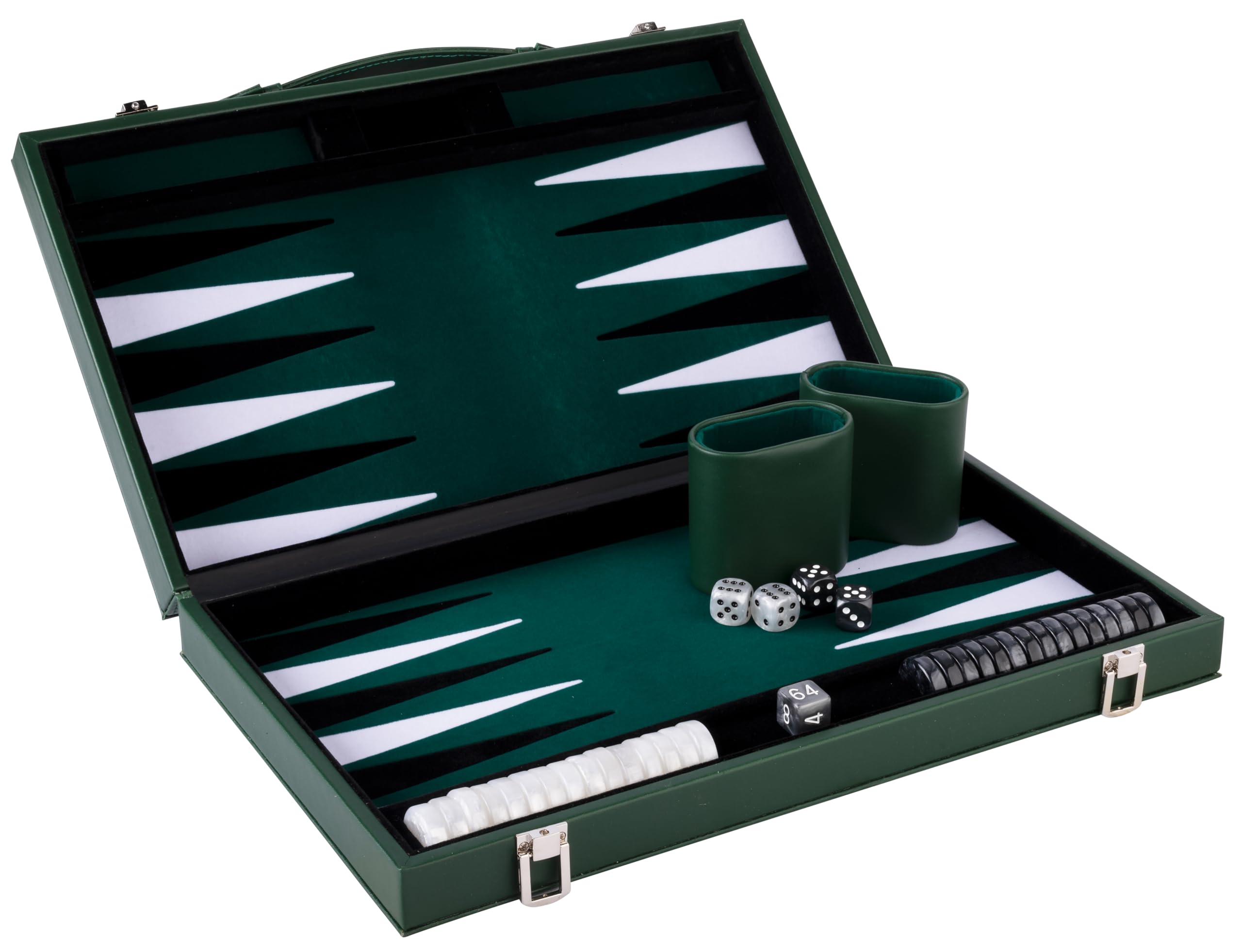 Engelhart - 250529 - Deluxe 15" Backgammon Set - Inlaid Felt with Pearl Stones and Dice - Green/Black/White
