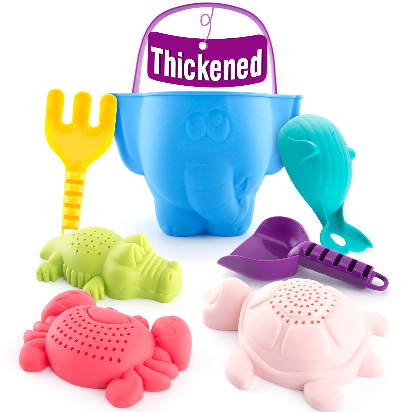 hahaland 7PCS Beach Sand Toys for Toddlers Age 2-5, Bucket and Spade Set with Animal Molds, Thickened Sands Toys for Kids, Sandbox, Sand Pit & Outdoor Summer Water Play Toys for Boys Girls